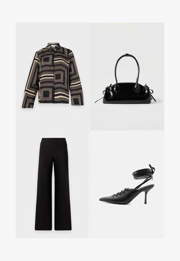 Chemise noire et beige avec un motif géométrique, dotée de manches longues, d'un col et d'une coupe ample en tissu lisse et brillant.; Pantalons larges noirs avec une taille lisse, fabriqués dans un matériau doux. Présentent une coupe ample et des détails de couture minimaux.; Chaussure à talon haut noire à bout pointu avec laçage à l'avant et brides enroulées autour de la cheville nouées en nœud, vue de côté sur fond blanc.; Petit sac à main noir brillant avec deux longues anses et des détails à cordon sur les côtés sur un fond clair uni.