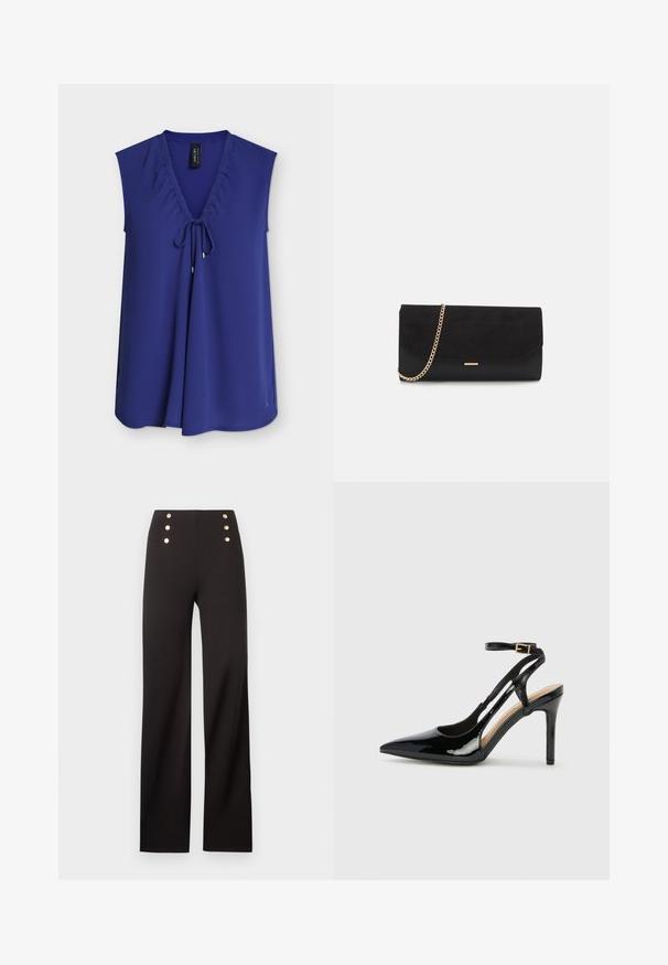 Blouse bleu roi sans manches avec col en V et détail noué à l'avant, réalisée en tissu lisse et fluide.; Pantalon noir taille haute à jambes larges avec six boutons décoratifs dorés disposés en deux rangées verticales près de la taille.; Escarpin en cuir verni noir à talon haut, avec un bout pointu, une bride réglable à la cheville et des côtés ouverts. Texture lisse.; Porte-monnaie noir en daim avec une finition texturée, doté d'une chaîne dorée et d'un design épuré et angulaire.