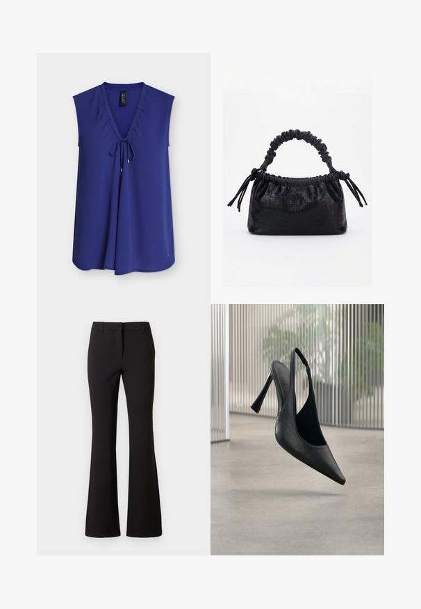Blouse bleu roi sans manches avec col en V et détail noué à l'avant, réalisée en tissu lisse et fluide.; Pantalon évasé noir en tissu lisse, présentant un pli frontal, des passants de ceinture et une coupe ajustée. Design épuré sans motifs visibles.; Chaussure à talon aiguille en cuir noir avec bride arrière et bout pointu, flottant au-dessus d'un sol en béton lisse et d'un panneau métallique vertical en arrière-plan.; Sac à main noir avec texture crocodile, bord supérieur froncé, poignée plissée et pompons à cordon de chaque côté sur fond blanc.