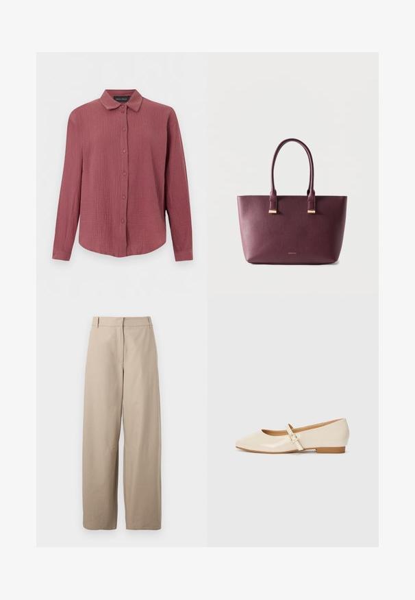 Chemise à manches longues boutonnée en tissu rose poussière texturé, col classique et poignets ajustés, marque Anna Field.; Pantalons larges beiges en coton. Caractéristiques : devant plat, deux poches latérales et texture lisse. Design simple et fonctionnel.; Ballerines en cuir verni beige avec un embout carré, un petit talon et une bride ajustable à la cheville avec une boucle dorée.; Sac fourre-tout en cuir violet foncé avec deux poignées et petit logo de marque doré sur le devant, posé sur un fond clair uni.