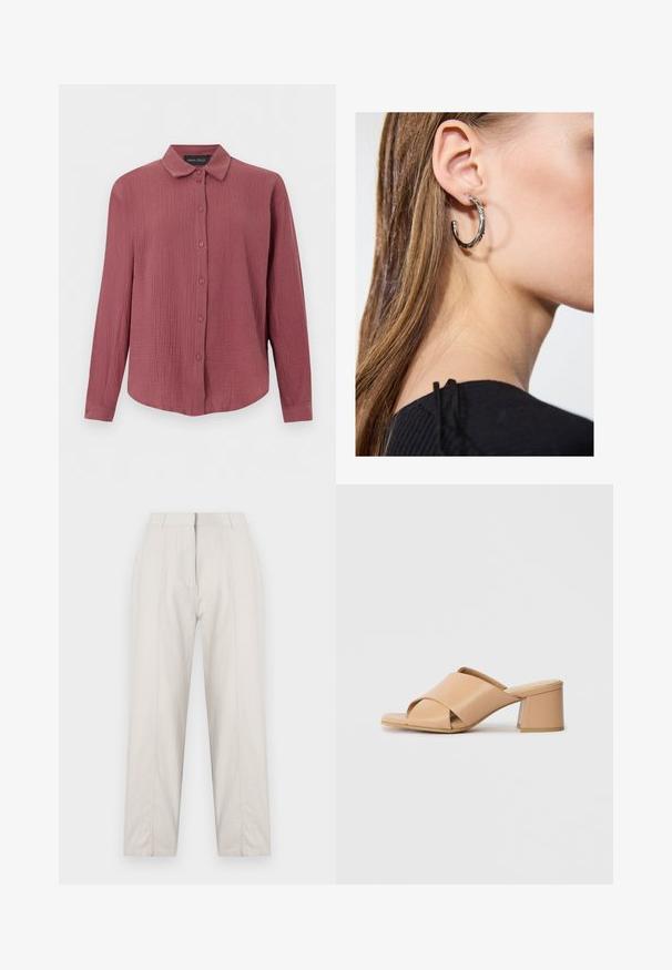 Chemise à manches longues boutonnée en tissu rose poussière texturé, col classique et poignets ajustés, marque Anna Field.; Un pantalon couleur crème avec une coupe droite, présentant des détails de plis à l'avant, deux poches latérales et une taille mi-haute.; Mule sandale ouverte beige avec des lanières en cuir croisées et un talon carré sur fond blanc.; Boucle d'oreille en argent avec une finition polie, présentant de petits détails en or et de forme ronde, portée sur le lobe.