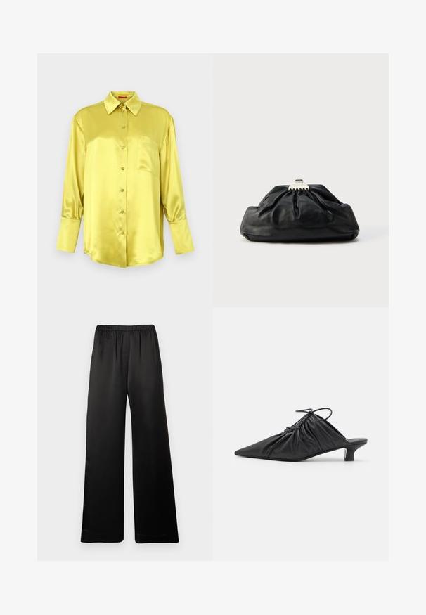 Chemise boutonnée jaune satinée à manches longues, col classique, poche poitrine unique et détails à boutons sur le devant. Texture lisse.; Pantalon noir à jambes larges avec ceinture élastique, tissu lisse, sans poches visibles ni ornements, présenté de face sur un fond uni.; Mules noirs en cuir à enfiler avec un bout pointu, une texture froncée et un petit talon aiguille. Présente un détail à cordon au niveau de l'ouverture.; Pochette en cuir noir avec une texture plissée, fermeture à fermoir métallique, et logo embossé discret sur le devant. Forme arrondie.