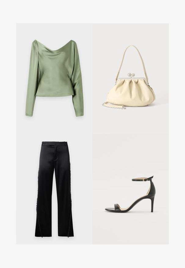 Grünes Satin-Oberteil mit langen Ärmeln, einer drapierten Cowl-Neckline, glatter Textur und einem cropped Saum, das ein schlankes und elegantes Design präsentiert.; Schwarze Satin-Hosen mit weitem Bein, die Fransenverzierungen entlang der Seitennähte und einen flachen, elastischen Bund haben. Rückseite schlicht ohne Taschen.; Schwarze Leder-high-heeled Sandale mit Knöchelriemen. Verfügt über eine glatte Textur, offene Zehen und einen dünnen Absatz. Goldfarbener Schnallenakzent.; Cremafarbene weiche Lederhandtasche mit gerafftem Design, silbernem Rahmenschloss, kurzem Griff und abnehmbarem Kettenriemen.