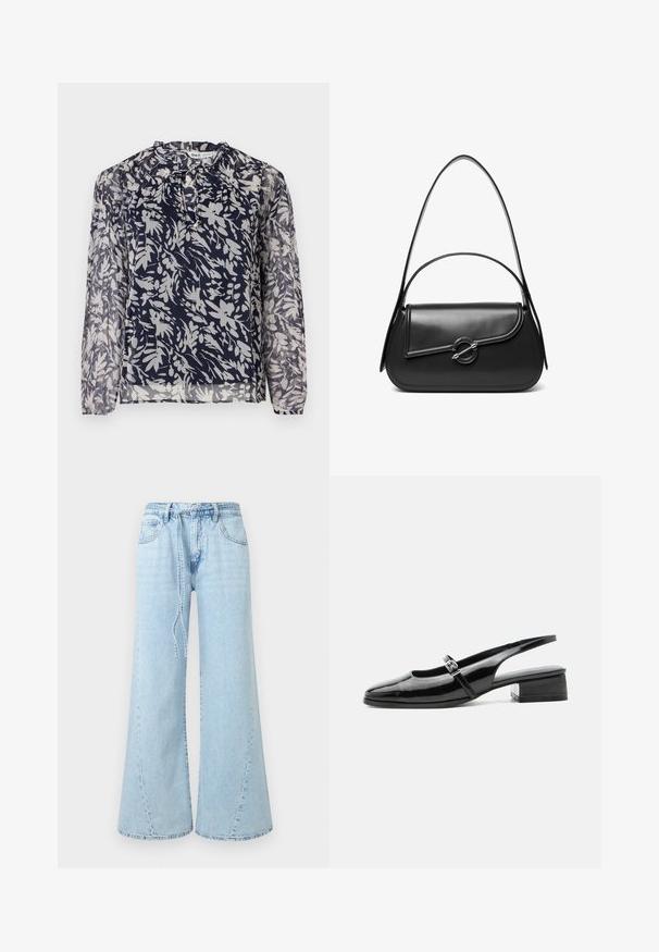 Blusa navy con estampado floral en blanco, con escote plisado y mangas largas, sobre un fondo blanco liso.; Vaqueros de mezclilla azul claro de pierna ancha con bolsillos delanteros, trabillas para cinturón y un cinturón atado suelto en la cintura sobre un fondo liso.; Zapato slingback de charol negro con tacón bajo y grueso y una fina correa con hebilla de plata en la parte superior.; Bolso de hombro de cuero negro con una solapa curva asegurada por un broche metálico redondo y una correa delgada y ajustable.