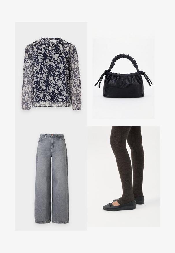 Marineblauw blouse met een bloemdessin in het wit, met een geplooide halslijn en lange mouwen, tegen een effen witte achtergrond.; Wijde denim jeans in een vervaagde grijze was, met vijf zakken, een knoopsluiting en een zachte textuur met subtiele whiskerdetails.; Benen met donkere geribbelde leggings gecombineerd met zwarte ballerina's met kleine strikdetails op een witte achtergrond.; Zwarte handtas met krokodillenstructuur, geplooide bovenrand, samengevoerde handgreep en koordtassels aan elke kant tegen een witte achtergrond.