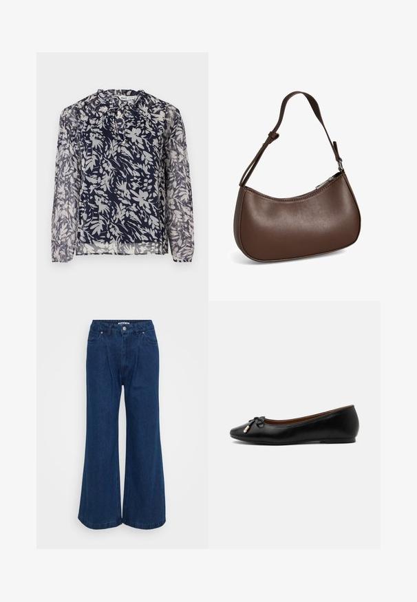 Blouse marine à imprimé floral blanc, avec un col plissé et des manches longues, sur un fond blanc uni.; Pantalons en denim à jambes larges de couleur bleu foncé, avec une taille haute, fermeture à bouton, poches avant et une texture lisse.; Ballerine plate en cuir noir avec un bout arrondi, un petit nœud aux extrémités dorées et un talon plat et bas sur fond gris.; Petit sac bandoulière en cuir marron avec sangle réglable et fermeture éclair, présenté sur fond blanc. Aucun logo ou décoration visible.