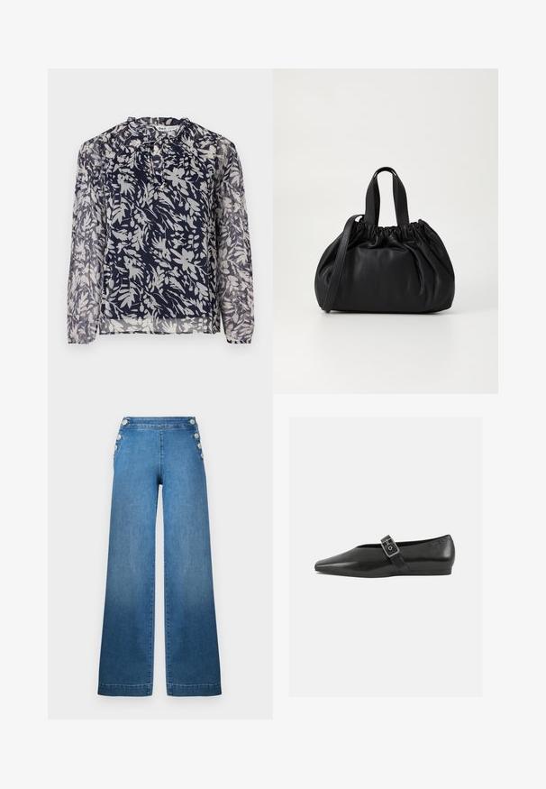 Tumedat blouse lillemustriga valge, millel on volditud krae ja pikad varrukad, valge tausta ees.; Laiad sinised denim püksid, millel on kõrge vöökoht, nööbitud küljeaktsendid ja puhas äär. Kangas on sileda tekstuuriga ja kerge kulumisega.; Must mustril leedjalats, millel on terav varvas, metallist pandla rihm üle jala ja madal, paindlik tall.; Mustmust mustkott mustrihmaga ülaosa disainiga, millel on kaks lühikest käepidet ja pikk reguleeritav rihm. Sile tekstuur, ümar kuju.