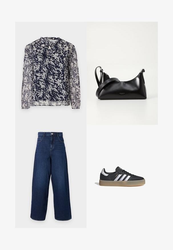 Blusa navy con estampado floral en blanco, con escote plisado y mangas largas, sobre un fondo blanco liso.; Pantalones vaqueros de denim oscuro de pernera ancha con una cintura alta, cinco bolsillos y cierre de botón. La tela tiene una textura suave con un ligero desgastado.; Zapatilla deportiva de cuero negro con tres rayas plateadas, punta texturizada y suela de goma. Cuenta con un collar acolchado y un diseño con cordones.; Bolso de mano de cuero negro con una textura suave. Cuenta con una correa ajustable y un diseño elegante y minimalista con cierre de cremallera.