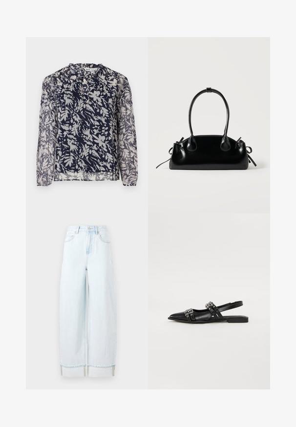 Blusa navy con estampado floral en blanco, con escote plisado y mangas largas, sobre un fondo blanco liso.; Jeans de mezclilla de pierna ancha color azul claro, con cintura alta, bolsillos frontales y un dobladillo enrollado con costuras visibles.; Even&Odd by Zalando Bailarinas con tira trasera - black; Pequeño bolso negro brillante con dos asas largas y detalles de cordón lateral sobre un fondo claro liso.