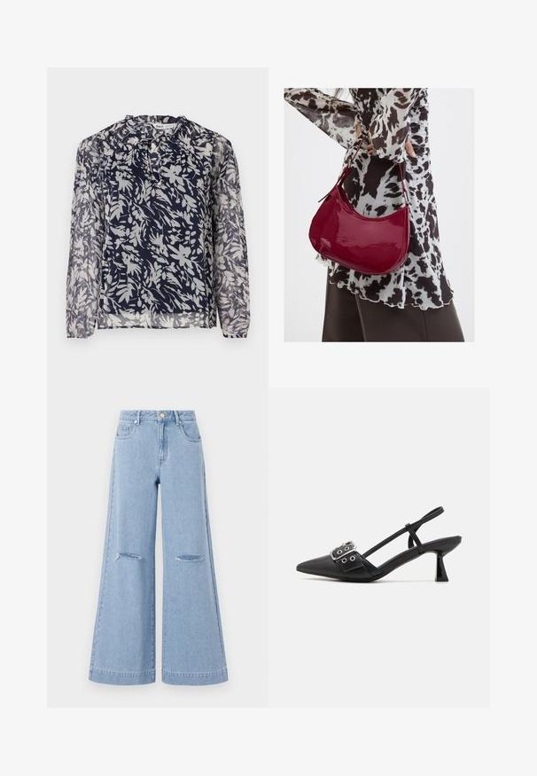 Marineblauw blouse met een bloemdessin in het wit, met een geplooide halslijn en lange mouwen, tegen een effen witte achtergrond.; Lichtblauwe wijde jeans met een hoge taille, voorzien van twee voorkruiszakken en twee gescheurde knieën, gemaakt van denim.; Simmi London DALA - Klassieke pumps - black; Vrouw met een zwart-wit gebloemde blouse houdt een glanzende rode schoudertas vast tegen een effen achtergrond.