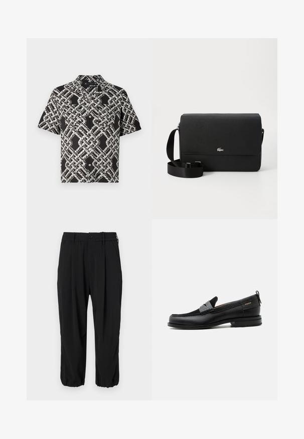 Camisa de botones de manga corta negra con un patrón abstracto geométrico de hojas blancas y dos bolsillos en el pecho.; Pantalones negros cortos con cinturilla elástica y botón, bolsillos laterales y un corte relajado con puños en los tobillos.; Mocasín de cuero negro con detalle de tira gris, tacón bajo y suela texturizada, con la marca "HUGO" en oro en el lateral.; Bolso cruzado de cuero negro con una textura suave, tapa frontal, acento con logo plateado y correa de tela ajustable.