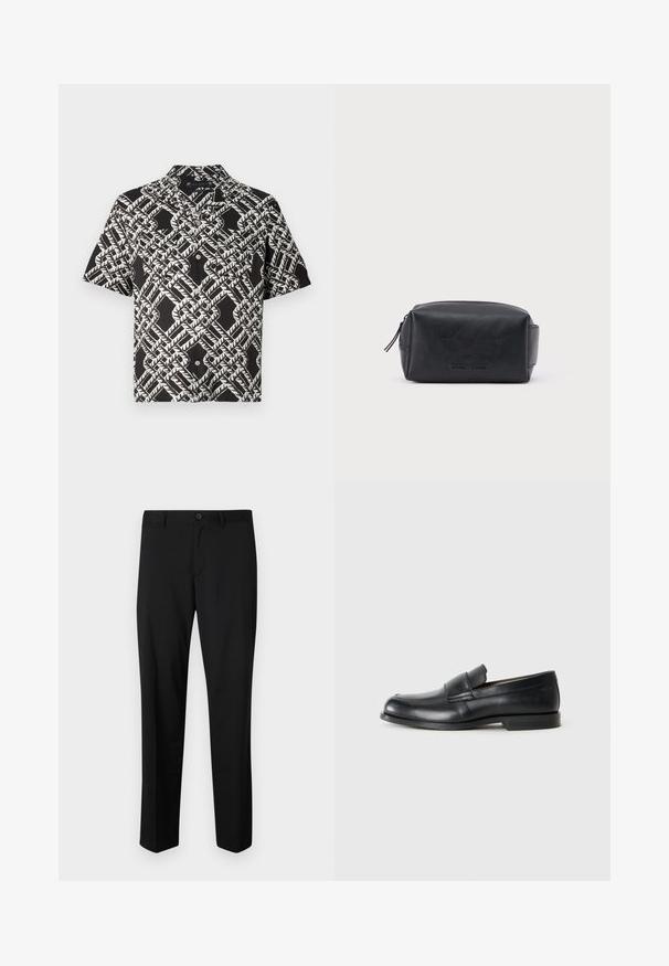 Camisa de botones de manga corta negra con un patrón abstracto geométrico de hojas blancas y dos bolsillos en el pecho.; Pantalones de traje negros con frente plano, cintura estándar y piernas rectas. Hechos de una tela suave, con un cierre de botón único.; Mocasines de cuero negro con punta redondeada, detalles cosidos y suela plana de goma. Presentan una banda ancha sobre el empeine.; Bolsa de aseo rectangular de cuero negro con cremallera y nombre de marca en relieve en la parte frontal, sobre un fondo blanco liso.
