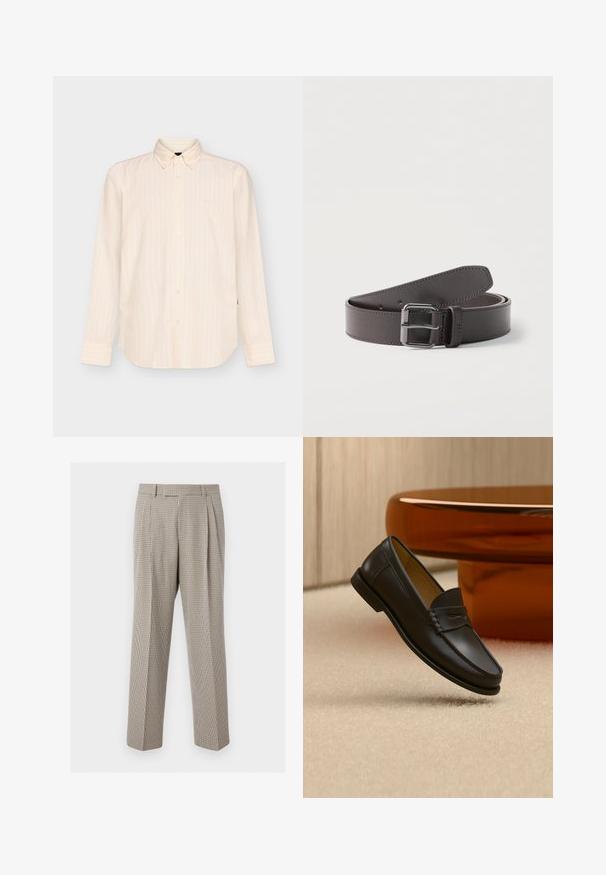 Chemise beige à manches longues boutonnée avec des rayures verticales subtiles et un col classique, présentée sur un fond clair uni.; Pantalon droit à carreaux beige et marron avec plis, passants pour ceinture et coupe ajustée sur fond blanc uni.; Chaussure mocassin en cuir noir suspendue au-dessus d’un tapis beige avec du mobilier moderne couleur ambre en arrière-plan.; Ceinture en cuir brun foncé roulée avec une boucle métallique carrée et des coutures visibles le long des bords.