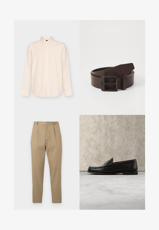 Chemise beige à manches longues boutonnée avec des rayures verticales subtiles et un col classique, présentée sur un fond clair uni.; Pantalons kaki au design ajusté, avec une taille plate, deux plis et une silhouette de jambe slim. Fabriqués en tissu lisse avec une finition soignée.; Mocassin penny en cuir noir avec talon bas, bout arrondi et détails cousus à l'avant et sur les côtés, présenté sur un fond neutre.; Ceinture en cuir brun avec une boucle rectangulaire en métal noir, présentant des détails de couture le long des bords et une texture lisse.