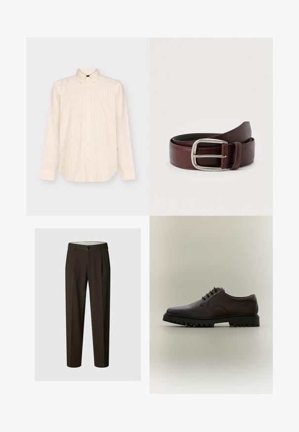 Chemise beige à manches longues boutonnée avec des rayures verticales subtiles et un col classique, présentée sur un fond clair uni.; Pantalon marron foncé sur mesure avec passants de ceinture, bouton avant et fermeture éclair, présenté sur un fond clair uni.; Chaussure en cuir brun foncé à lacets avec une semelle noire épaisse et rainurée, vue de côté gauche sur un fond neutre.; Ceinture en cuir marron avec une finition texturée, dotée d'une boucle en métal argenté et d'une seule boucle de réglage. Motif tissé près de la boucle.