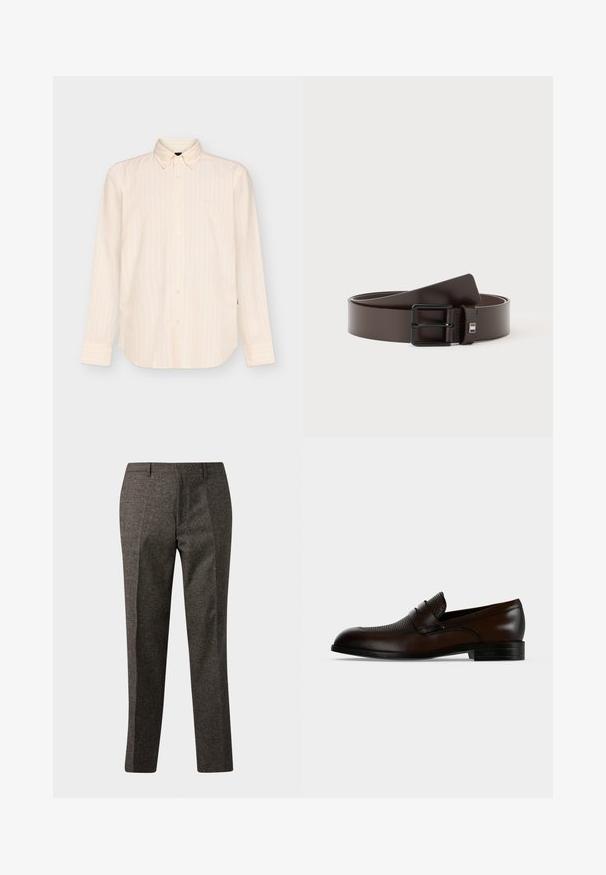 Chemise beige à manches longues boutonnée avec des rayures verticales subtiles et un col classique, présentée sur un fond clair uni.; Pantalon en laine gris foncé à jambes droites, avec passants de ceinture, poches avant et coupe ajustée.; Mocassin homme en cuir marron foncé avec dessus texturé et petit talon noir sur fond uni gris clair.; Ceinture en cuir marron foncé avec une boucle métallique rectangulaire noire, enroulée sur un fond blanc.