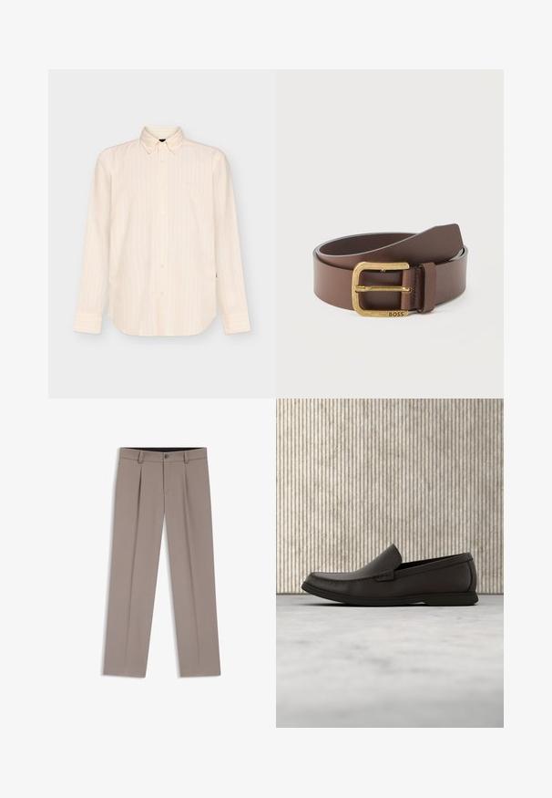 Chemise beige à manches longues boutonnée avec des rayures verticales subtiles et un col classique, présentée sur un fond clair uni.; Pantalon homme sur mesure de couleur marron clair avec passants de ceinture, plis, bouton à l'avant et braguette zippée, posé à plat sur un fond blanc.; Mocassin en cuir marron foncé sans lacets avec semelle blanche en caoutchouc et détails cousus, présenté de profil sur un fond neutre.; Ceinture en cuir marron roulée avec une boucle rectangulaire dorée gravée du mot « BOSS » sur un fond blanc.