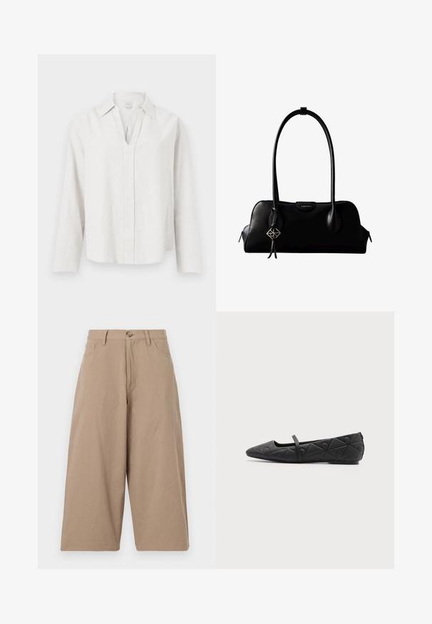 Chemise blanche à manches longues avec une fente en V et un col, affichée à plat sur un fond blanc uni.; Pantalons larges kaki en coton, dotés d'une taille haute, de poches frontales et d'une fermeture à bouton unique. Texture lisse et coupe droite.; Chaussure plate noire à bout pointu avec motifs géométriques matelassés et une fine bride sur le cou-de-pied sur fond uni.; Sac à main en cuir noir Calvin Klein avec de longues anses, une étiquette logo à l'avant et un charme géométrique argenté suspendu à une anse.
