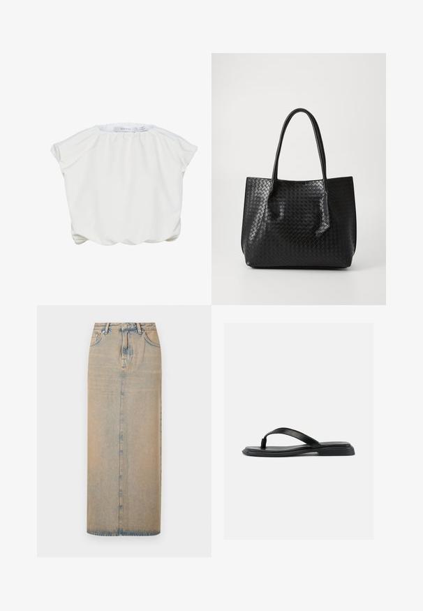 Blouse blanche avec une texture douce et lisse, un col froncé et des manches courtes et larges. Présente un ourlet arrondi et ample pour un ajustement décontracté.; Une longue jupe en denim bleu clair avec une coupe droite. Comprend cinq poches, des passants de ceinture et un multiplicateur de boutons à l'avant. Texture décolorée sur toute la surface.; Sandale noire plate en forme de tongs avec une bride texturée et un talon légèrement surélevé, montrée en profil latéral sur un fond clair uni.; Sac de tote en cuir tressé noir avec deux poignées, forme structurée et finition légèrement brillante sur un fond clair.