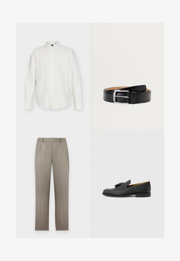 Chemise blanche à manches longues avec fines rayures verticales et col pointu, affichée à plat sur fond blanc.; Pantalon sur mesure marron clair avec passants de ceinture, plis avant et jambes droites, présenté sur fond blanc.; Mocassin pour homme en cuir noir avec pompons, bout arrondi, petit talon et languette à l'arrière, présenté de profil sur un fond gris clair.; Ceinture en cuir noir présentant une texture lisse, une boucle en métal argenté et une finition à point unique le long des bords.