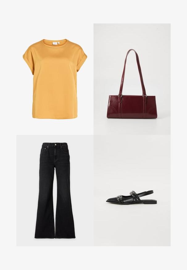 Blouse jaune moutarde à manches courtes avec poignets retroussés et encolure ronde, en tissu léger et lisse.; Jean noir taille haute à jambes larges avec fermeture devant par bouton et zip, passants de ceinture, et design cinq poches sur fond blanc uni.; Even&Odd by Zalando Ballerines à brides arrière - black; Sac à main bordeaux en matériau brillant, de forme rectangulaire, avec deux anses et des accents légèrement courbés à l'avant.