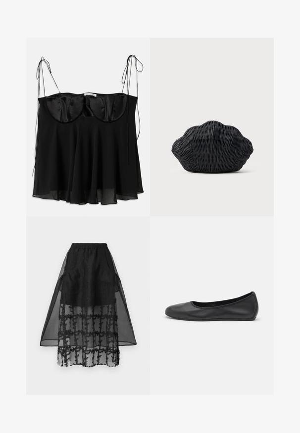 Schwarzes Top aus Satin und transparentem Stoff, mit einer strukturierten Büste mit abgerundeten Kanten, verstellbaren Bändern und einem ausgestellten Saum.; Schwarzer Schichtrock mit einem strukturierten Innenfutter, transparenter Außenschicht, elastischem Bund und Taschendetails. Dekoratives florales Stickmuster.; Schwarze Leder-Ballettschuhe mit abgerundeter Spitze, glatter Textur, minimalen Nähdetails und einem flexiblen Sohlen-Design.; Schwarze Korbtasche in Muschelform mit gebogenem Oberteil und gewebter Textur auf einfarbigem Hintergrund.