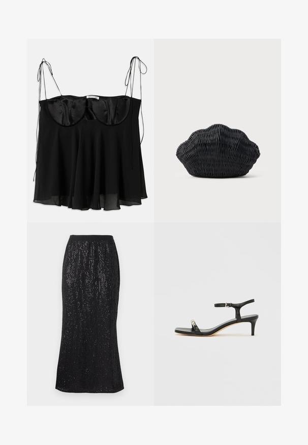 Schwarzes Top aus Satin und transparentem Stoff, mit einer strukturierten Büste mit abgerundeten Kanten, verstellbaren Bändern und einem ausgestellten Saum.; Schwarzer Rock mit einem taillierten Bund, der vertikale Pailletten für einen strukturierten Look aufweist. Der Saum verläuft leicht geschwungen und schafft eine schlanke Silhouette.; Schwarze Leder-Sandale mit Absatz und Knöchelriemen, offenem Zehenbereich, quadratischer Vorderseite und silbernen Metallakzenten. Eng anliegendes Design mit schlanker Silhouette.; Schwarze Korbtasche in Muschelform mit gebogenem Oberteil und gewebter Textur auf einfarbigem Hintergrund.