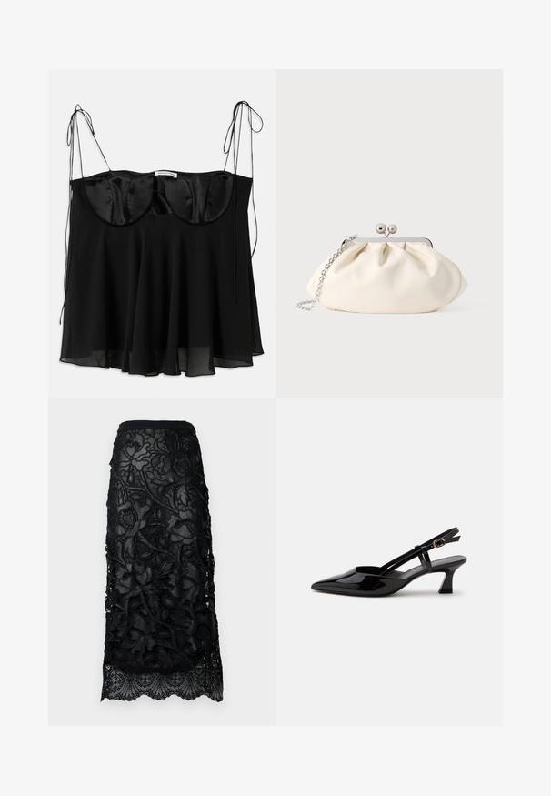 Schwarzes Top aus Satin und transparentem Stoff, mit einer strukturierten Büste mit abgerundeten Kanten, verstellbaren Bändern und einem ausgestellten Saum.; Schwarzer Spitzenrock mit aufwendiger Blumenstickerei, einem enganliegenden Bund und einem gewellten Saum. Transparente Overlay mit strukturierten Details.; Schwarzer Slingback-Pumps aus Lackleder mit spitzer Spitze und verstellbarem goldfarbenem Riemen auf weißem Hintergrund.; Cremefarbene Stoff-Clutch mit gerafftem Design, silbernem Metallrahmen, zwei dekorativen Kugeln und einem silbernen Kettenriemen.