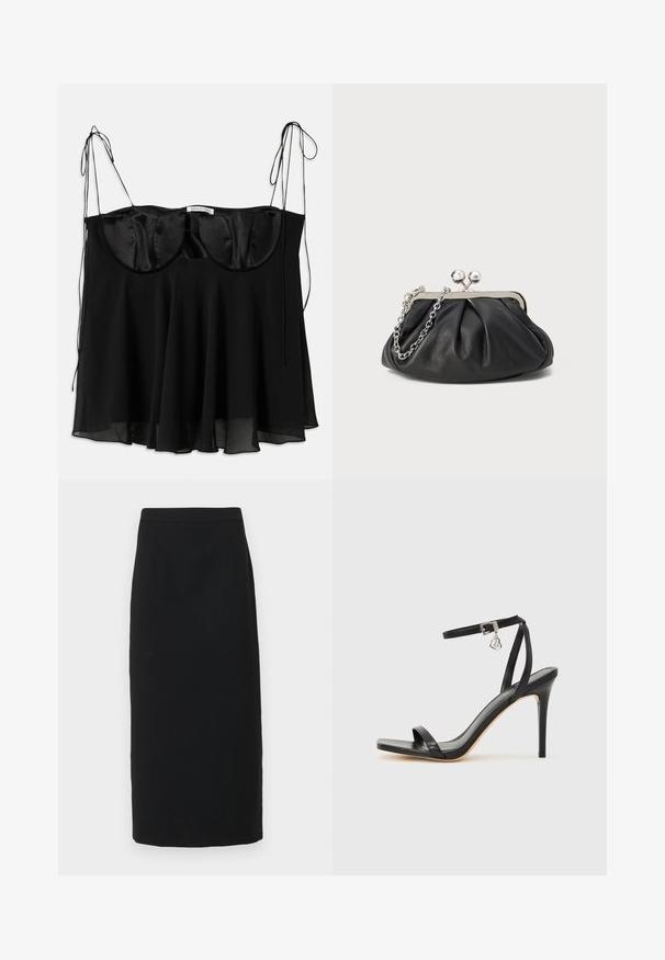 Schwarzes Top aus Satin und transparentem Stoff, mit einer strukturierten Büste mit abgerundeten Kanten, verstellbaren Bändern und einem ausgestellten Saum.; Schwarzer Midirock, maßgeschneidertes Design, strukturierter Stoff, gerade Form, verfügt über eine glatte Textur mit dezenten vorderen Falten.; Schwarze High-Heel-Sandale mit schmalem Knöchelriemen, quadratischer Zehenbox, glattem Leder und metallischem Schnallenakzent.; Schwarze Leder-Clutch mit geraffter Textur, silberfarbener Metallrahmen, Druckverschluss und Kettenriemen. Glatte, weiche Oberfläche.