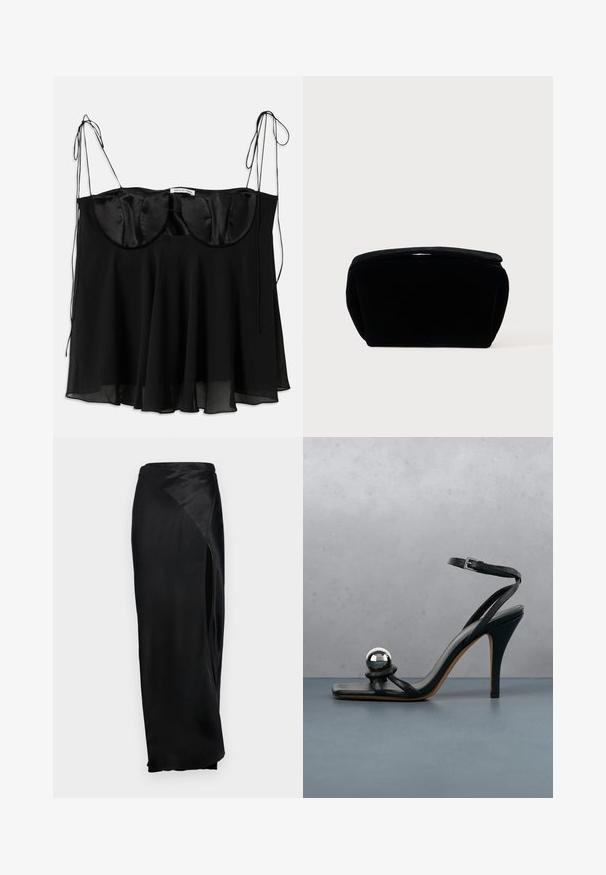 Schwarzes Top aus Satin und transparentem Stoff, mit einer strukturierten Büste mit abgerundeten Kanten, verstellbaren Bändern und einem ausgestellten Saum.; Schwarzer Satin-Maxirock mit seitlichem Schlitz, glatter Textur und drapierter Gestaltung. Verfügt über eine hohe Taille und eine fließende Silhouette.; Schwarze High-Heel-Sandale mit Knöchelriemen und metallisch silberner dekorativer Kugel auf einer Holzfliesenoberfläche im Freien mit verschwommenem Grün und Wand im Hintergrund.; Schwarze Kosmetiktasche aus Samt mit einer weichen, strukturierten Oberfläche, gerundetem oberen Teil und Reißverschluss. Kompaktes Design, geeignet für verschiedene Aufbewahrungsbedürfnisse.