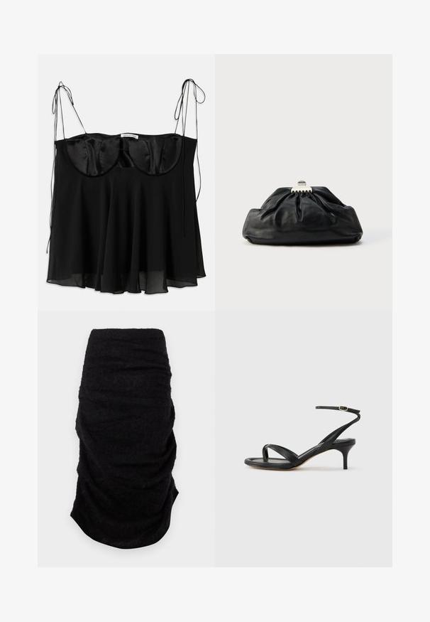 Schwarzes Top aus Satin und transparentem Stoff, mit einer strukturierten Büste mit abgerundeten Kanten, verstellbaren Bändern und einem ausgestellten Saum.; Schwarzer, taillierter Bleistiftrock mit gerafften Stoffdetails, aus weichem, strukturiertem Material, flach auf einem weißen Hintergrund präsentiert.; Schwarze Ledersandale für Damen mit dünnen Riemchen, einer Zehenlasche, einer Knöchelschnalle und einem mittelhohen Stöckelabsatz vor neutralem Hintergrund.; Schwarze Leder-Clutch mit geraffter Textur, Metallverschluss und dezentem, auf der Vorderseite geprägtem Logo. Abgerundete Form.
