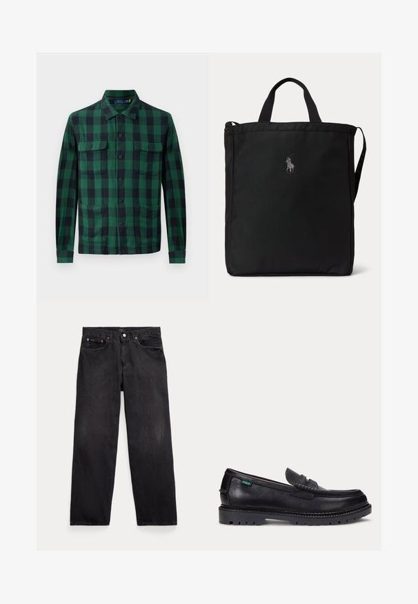 Grün-schwarz kariertes Hemd, aus Stoff mit Knopfleiste, zwei Brusttaschen und langen Ärmeln mit geknöpften Manschetten.; Schwarze Jeans mit geradem Bein, fünf Taschen, Knopfverschluss und sichtbaren Metallnieten an den vorderen Taschen.; Schwarzer Lederloafer mit dicker Profilsohle und kleinem grünen "Polo"-Etikett an der Außenseite nahe der Ferse.; Schwarze rechteckige Tote-Tasche mit kurzen Griffen, einem langen Schulterriemen an der Seite und einem kleinen bestickten Polo-Spieler-Logo in der vorderen Mitte.