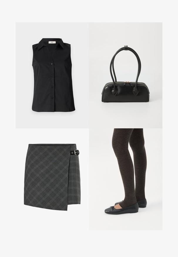 Chemise noire sans manches avec un devant à boutons, un col et une texture lisse. Design simple sans motifs ou accents supplémentaires.; Jupe en laine à carreaux gris foncé avec un détail de boucle noire sur le côté droit, ourlet droit et un motif subtil de lignes diagonales.; Jambes portant des leggings côtelés foncés associés à des ballerines noires avec de petits détails en nœud sur fond blanc.; Sac à main en cuir noir avec deux anses allongées, fermeture éclair et forme arrondie ; texture lisse avec une finition légèrement brillante.