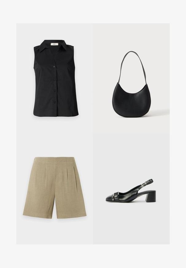 Chemise noire sans manches avec un devant à boutons, un col et une texture lisse. Design simple sans motifs ou accents supplémentaires.; Shorts beige taille haute, cintrés avec plis devant et une ceinture lisse, confectionnés dans un tissu texturé léger.; Sandale à talon en cuir noir avec un bout pointu, une sangle texturée ornée d'accents métalliques circulaires et un talon empilé.; Sac à épaule en cuir noir en forme de croissant avec une bandoulière unique et un nom de marque discrètement embossé sur un fond clair uni.