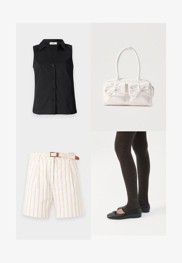 Sort ærmeløs skjorte med knaplukning fortil, krave og en glat tekstur. Enkelt design uden yderligere mønstre eller detaljer.; Hvide shorts med tynde røde lodrette striber og plisseringer, med et flettet beige bælte med en guldlås og brune læderdetaljer.; Ben iført mørke ribbede leggings kombineret med sorte balletsko med små sløjfedetaljer på hvid baggrund.; Hvid syntetisk håndtaske med to forlommer, hver med en bundet sløjfedetalje. Glat tekstur, afrundede håndtag og lynlås lukning.