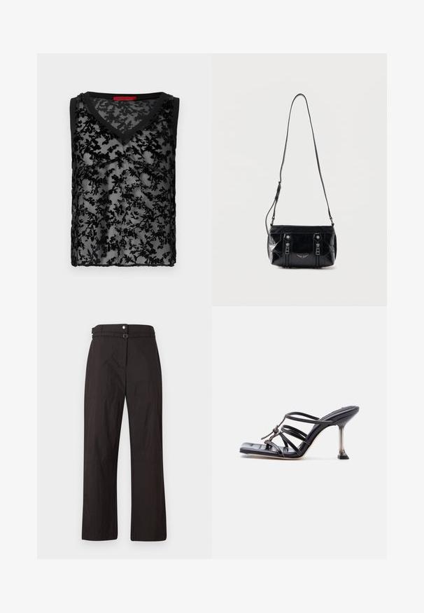 Haut noir sans manches avec un overlay en dentelle florale transparente, design en V, et bord noir le long de l'encolure et des emmanchures.; Pantalons larges noirs avec une texture lisse, dotés d'une fermeture à bouton et d'une ceinture à la taille. Comprend des détails de couture subtils.; Sandale à talon haut noire avec brides fines, bout carré et talon stiletto mince, présentant des brides qui se croisent et un nœud décoratif sur le dessus.; Sac à bandoulière en cuir noir avec sangle réglable, deux fermetures éclair verticales sur le devant et un petit emblème métallique en forme d'aile sous les fermetures éclair.