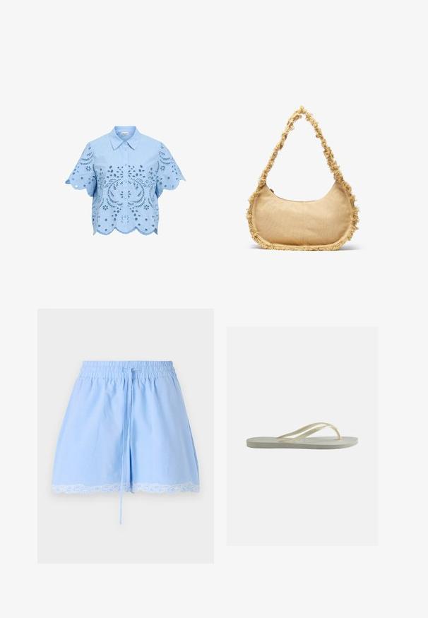 Chemisier bleu clair à manches courtes avec boutons, motifs floraux en découpe ajourée et ourlet ainsi que manches festonnés.; Shorts en coton bleu clair avec une taille smockée, un cordon de serrage et une finition en dentelle blanche au bas. Texture douce et coupe décontractée.; Tongs en caoutchouc blanc cassé, à bride fine et semelle texturée, vues de côté sur un fond uni.; Sac beige texturé de forme arrondie, avec un bord effiloché tout le long des bords et une courte sangle pour le porter. Ouverture zippée en haut.