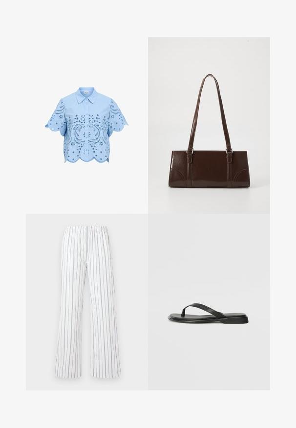 Chemisier bleu clair à manches courtes avec boutons, motifs floraux en découpe ajourée et ourlet ainsi que manches festonnés.; Pantalons blancs avec des rayures verticales bleu, fabriqués en tissu léger. Équipés d'une taille élastique et de jambes larges et évasées.; Tongs noires en cuir lisse, avec un design de sangle fine et une semelle plate à profil minimal. Aucun motif ou accent notables.; Sac à main en cuir verni marron de forme rectangulaire, avec deux longues poignées et des accents courbés subtils à l'avant.