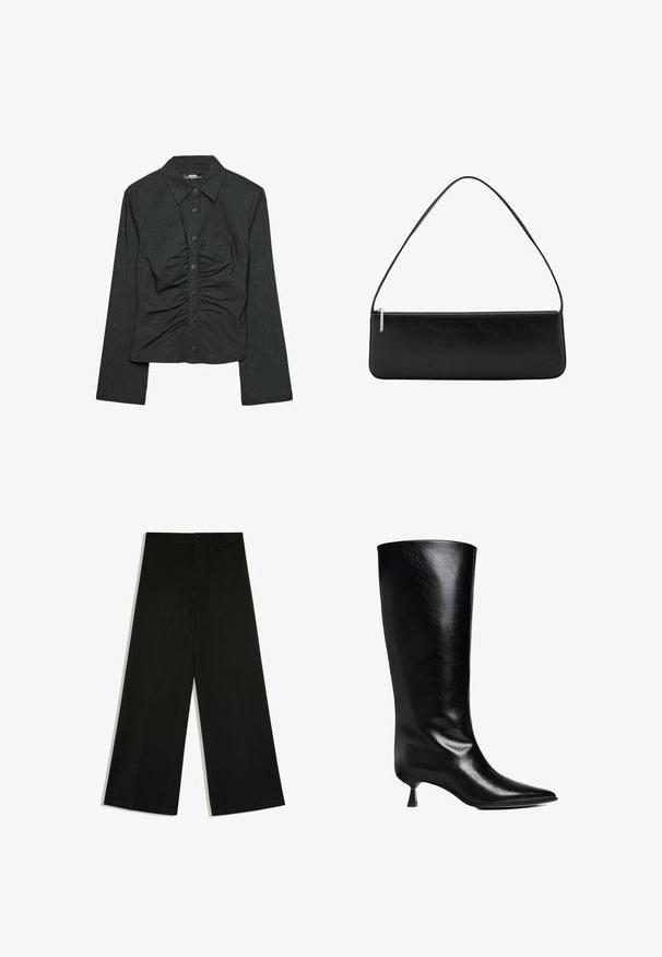 Chemise noire à manches longues avec des rayures blanches verticales, dotée d'un col, d'une fermeture à boutons et de détails en tissu froncé à l'avant.; Pantalon noir à jambes larges avec passants de ceinture, fermeture devant par bouton et zip, posé à plat sur fond blanc.; Boot en cuir noir, montant jusqu'au genou, avec un bout pointu, une silhouette élancée et un talon carré bas, le tout avec une finition brillante.; Sac d'épaule rectangulaire noir avec une bandoulière unique et une fermeture éclair argentée le long du bord supérieur, sur fond blanc.