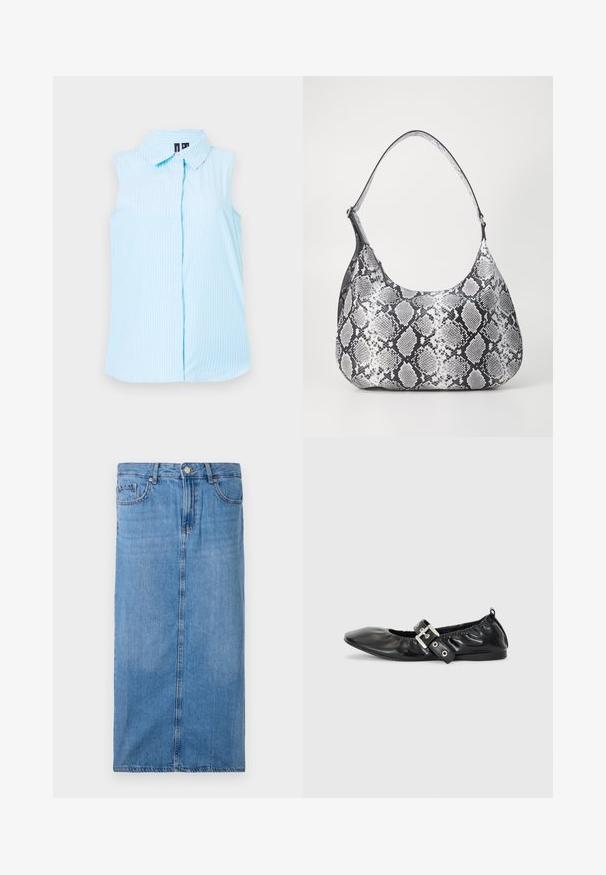 Camisa sin mangas de color azul claro con cuello tipo polo, rayas verticales blancas y un solo botón en el frente.; Falda midi de mezclilla en azul claro, con silueta recta, costura frontal y cintura estándar con cinco pasadores para cinturón y cierre de botón de metal.; Zapato plano de piel negra con puntera afilada, detalle fruncido alrededor de la abertura y un acento de hebilla plateada en la correa ajustable.; Bolso de hombro con estampado de serpiente en blanco y negro, de forma redondeada, textura suave y correa curvada. Presenta un acento de hardware plateado.