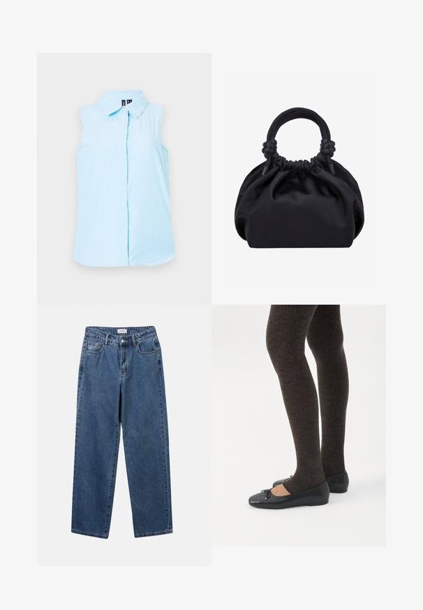 Camisa sin mangas de color azul claro con cuello tipo polo, rayas verticales blancas y un solo botón en el frente.; Jeans de mezclilla azul clásico con un diseño de pierna recta, cinco bolsillos y cierre de botón. Presenta un lavado medio y una textura resistente.; Piernas con leggings oscuros acanalados combinados con bailarinas negras que presentan pequeños detalles de lazo sobre un fondo blanco.; Bolso de mano de tela negra suave con parte superior fruncida y asas acolchadas circulares atadas con nudos a cada lado.