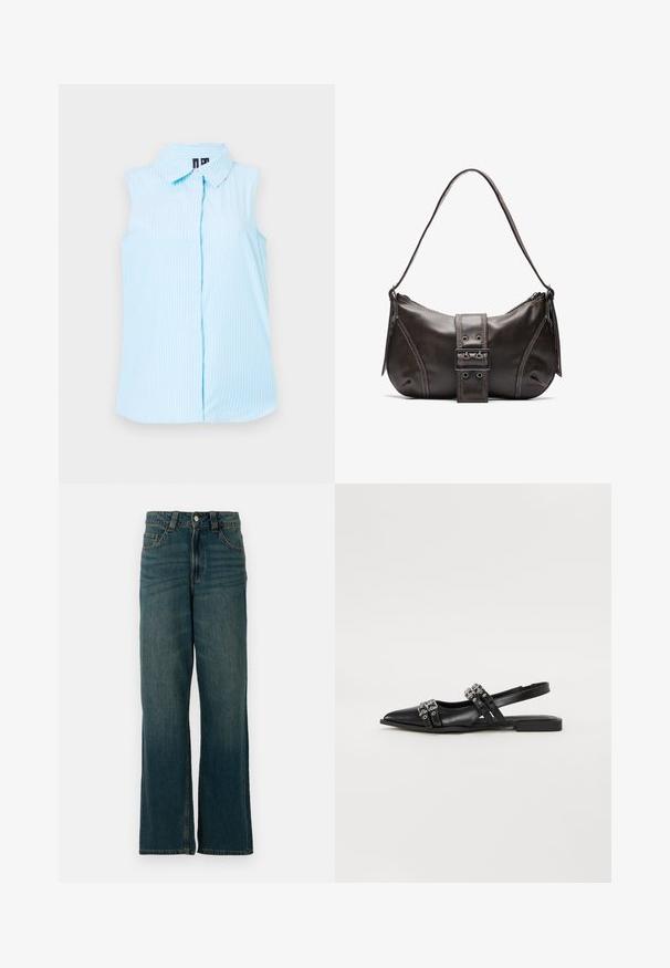 Himmelblaues, ärmelloses Hemd mit Kragen, vertikalen weißen Streifen und einer einzelnen Knopfverschluss vorne.; Blaue Denim-Jeans mit geradem Bein, fünf Taschen und Knopfverschluss, auf weißem Hintergrund präsentiert.; Even&Odd by Zalando Sling-Ballerina - black; Braune Lederumhängetasche mit gebogener Form, die mit einem auffälligen Schnallendetail, kontrastierenden Nähten und einem einzigen Schulterriemen ausgestattet ist.