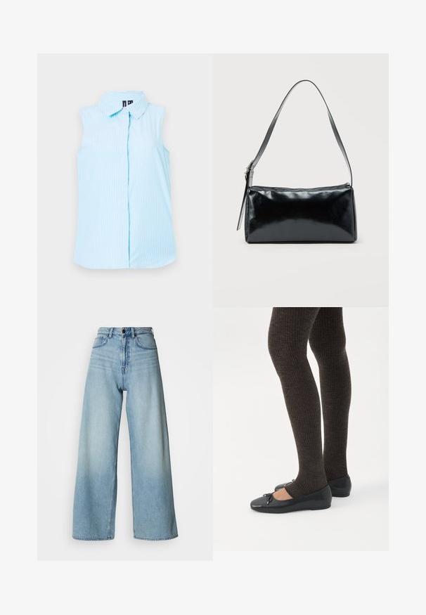 Lyseblå ærmeløs skjorte med krave, lodrette hvide striber og en enkelt knaplukning foran.; Lyseblå, højtaljede, vidtbenede jeans lavet af denim, med fem-lommers design og subtile falmede detaljer for tekstur.; Ben iført mørke ribbede leggings kombineret med sorte balletsko med små sløjfedetaljer på hvid baggrund.; Sort rektangulær skuldertaske med en enkelt justerbar rem og lynlås i toppen på en ensfarvet baggrund.