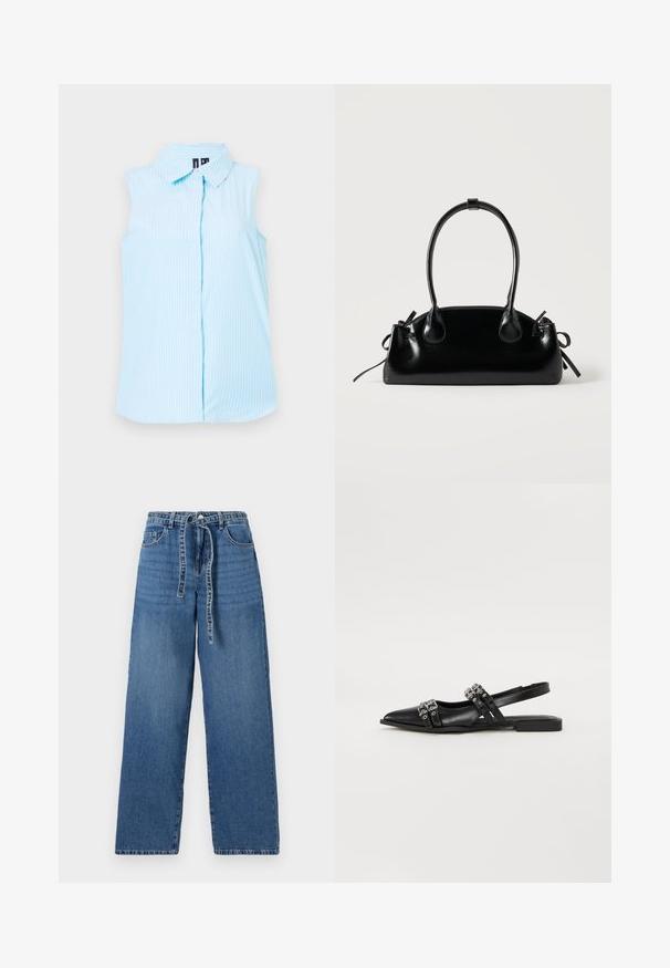 Camisa sin mangas de color azul claro con cuello tipo polo, rayas verticales blancas y un solo botón en el frente.; Jeans de denim azul claro de pierna ancha con cintura alta, que presentan un cierre con lazo, dos bolsillos frontales y un patrón ligeramente deslavado.; Even&Odd by Zalando Bailarinas con tira trasera - black; Pequeño bolso negro brillante con dos asas largas y detalles de cordón lateral sobre un fondo claro liso.