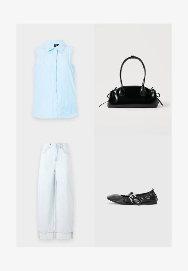 Himmelblaues, ärmelloses Hemd mit Kragen, vertikalen weißen Streifen und einer einzelnen Knopfverschluss vorne.; Helle blaue weit geschnittene Jeans aus Denim, mit hoher Taille, Fronttaschen und einem umgeschlagenen Saum mit sichtbaren Nähakzenten.; Schwarze Leder-Ballerinas mit spitzem Zehenbereich, gerafften Details am Schaft und einem silbernen Schnallenakzent am verstellbaren Riemen.; Kleine schwarze glänzende Handtasche mit zwei langen Griffen und seitlichen Kordelzug-Details vor einfachem hellem Hintergrund.