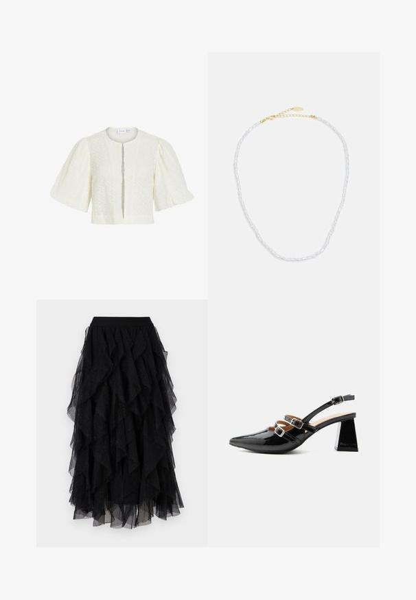 Blouse courte blanche en dentelle avec manches bouffantes courtes et col rond, comportant un motif floral subtil et un devant ouvert.; Jupe en tulle noir avec des volants superposés, une texture douce et des accents de paillettes subtiles. Taille élastique pour un ajustement confortable.; Escarpin slingback en cuir verni noir avec deux brides avant à boucle et un talon épais évasé de 6 cm sur fond clair uni.; Collier de perles au design délicat, présentant de petites perles blanches et un prolongateur en or avec un fermoir pour une longueur réglable.