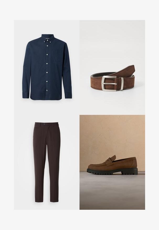 Navyblauwe langemma shirt van lichtgewicht stof met een button-down kraag, een voorzak en witte knopen. Soepele textuur.; Donkerbruine, op maat gemaakte broek met gladde stof, platte voorkant, zijzakken en een knoopsluiting. Rechte pijp, zonder zichtbare patronen.; Donkerbruine leren loafer met dikke zwarte rubberen zool, getoond boven een beige tapijt en bankachtergrond.; Bruine suède riem met een zilveren metalen gesp en een lineaire stikseldetail. De riem is plat en heeft een klassiek formaat en vorm.