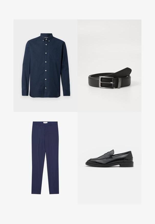 Navyblauwe langemma shirt van lichtgewicht stof met een button-down kraag, een voorzak en witte knopen. Soepele textuur.; Marineblauwe dresspants van gladde stof, met een flat front, twee zijzakken, een ritsgulp en een schone zoom zonder patronen of accenten.; Zwarte leren instappers met een gladde afwerking, voorzien van een ronde neus en een smalle band over de bovenkant. Lage gestapelde hak.; Zwarte leren riem met een zilveren metalen gesp, met een gladde afwerking en een klassiek ontwerp. De riem is netjes opgevouwen.