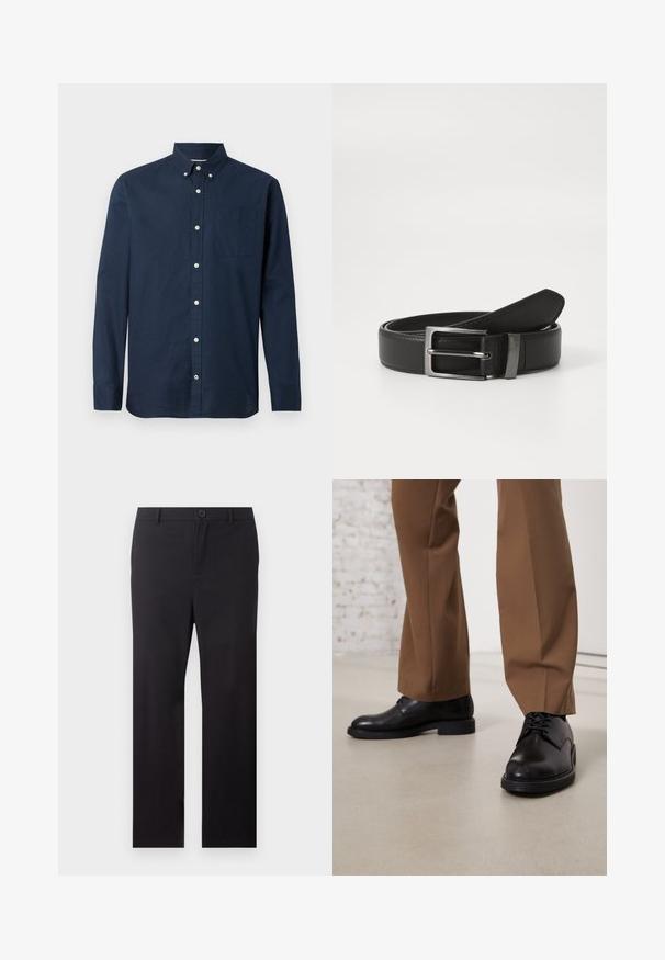 Navyblauwe langemma shirt van lichtgewicht stof met een button-down kraag, een voorzak en witte knopen. Soepele textuur.; Zwarte rechte broek met riemlussen en een knoopsluiting aan de voorkant op een witte achtergrond.; Zwarte leren schoenen met een gladde oppervlakte en een ronde neus, metveterafsluiting en een lage, platte zool. Gecombineerd met bruine broeken.; Zwarte leren riem met een zilveren metalen gesp, met een gladde afwerking en een klassiek ontwerp. De riem is netjes opgevouwen.