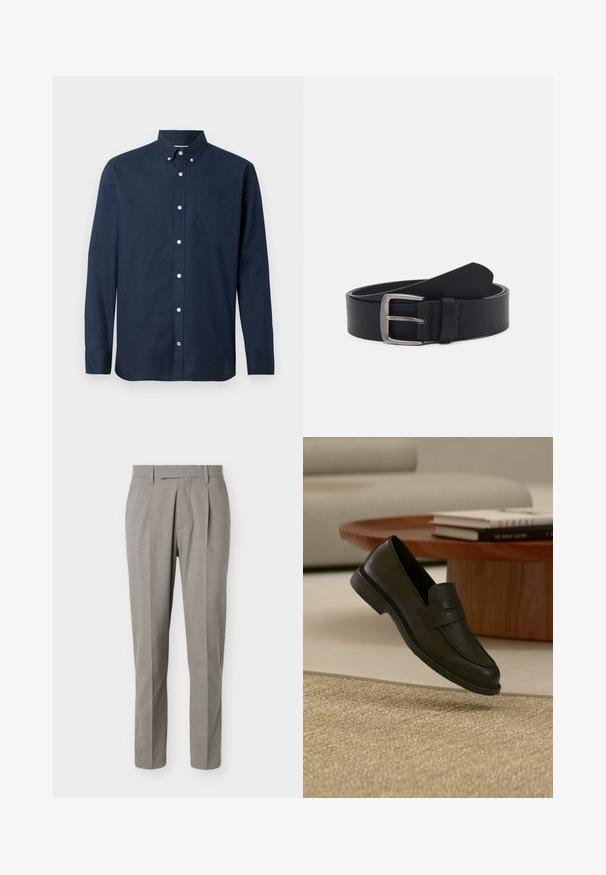 Navyblaues Langarmhemd aus leichtem Stoff mit Button-Down-Kragen, Brusttasche und weißen Knöpfen. Glatte Textur.; Hellgraue, maßgeschneiderte Hose mit geraden Beinen, Gürtelschlaufen, vorderen Falten und einem sauberen Bund vor weißem Hintergrund.; Schwarzer Lederloafer-Schuh schwebt über einem beige gewebten Teppich, mit einem Holztisch und gestapelten Büchern in einem sanft beleuchteten Wohnzimmer.; Schwarzer Ledergürtel mit einer silbernen Metallschnalle, verfügt über eine glatte Oberfläche und ein klassisches Design. Der Gürtel ist aufgerollt, mit dem Ende nach oben gerichtet.